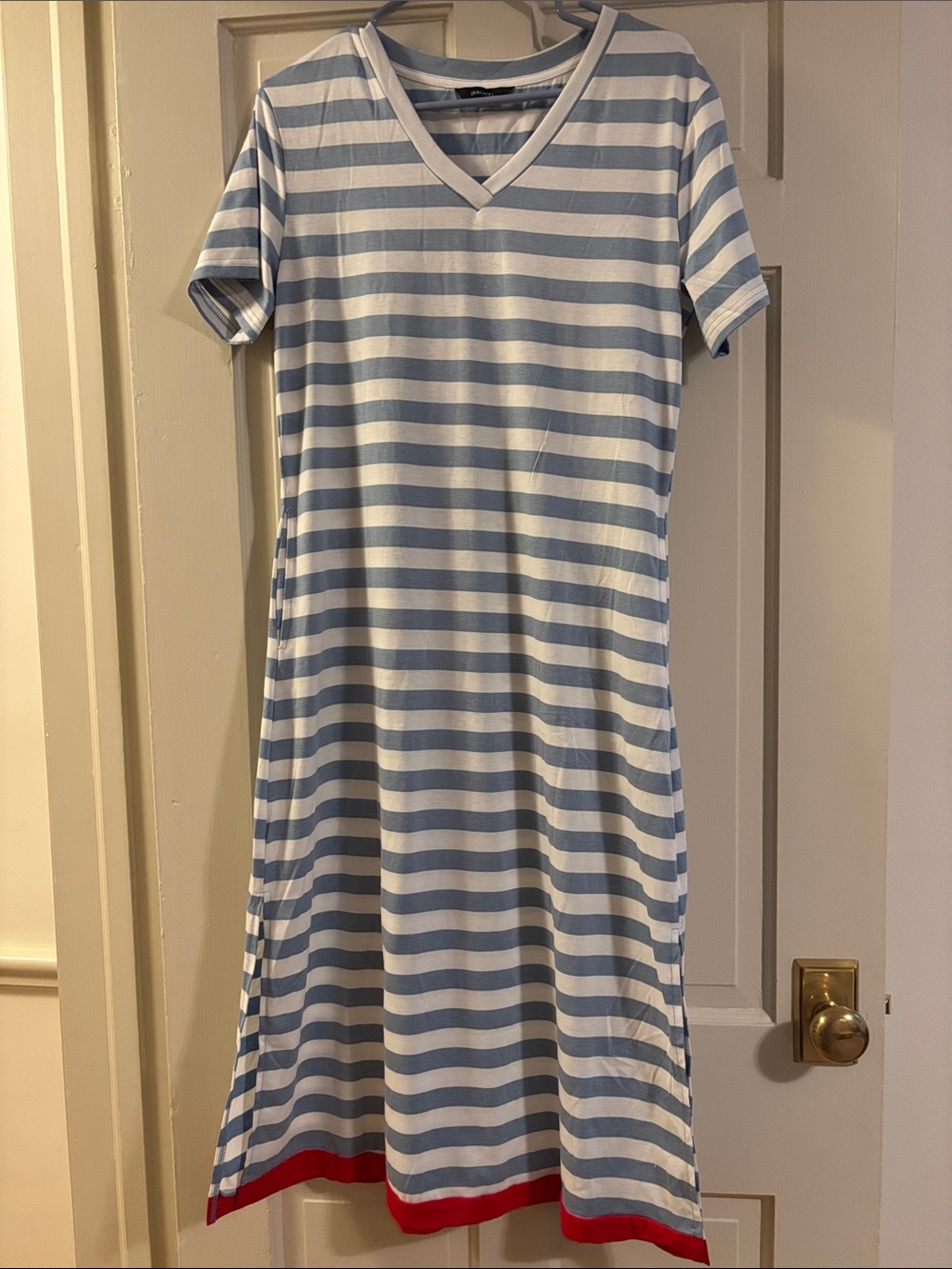 Striped V-Neck Midi Dress in Light Blue, White & Red Hem